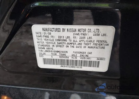 2008 Infiniti G35 Journey from USA, damaged, VIN JNKBV61E98M216035
